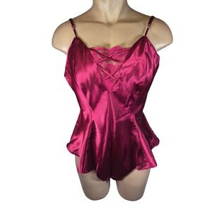 VTG 90s Y2K La Senza Lingerie Cross Lace Burgundy Satin Teddy Peplum Bodysuit L